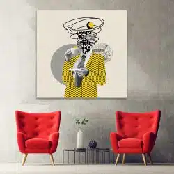 Tablou pop art colaj barbat costum galben cu cafea galben 1403 hol - Afis Poster pop art colaj barbat costum galben cu cafea galben pentru living casa birou bucatarie livrare in 24 ore la cel mai bun pret.