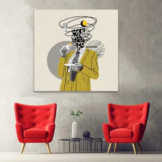 Tablou pop art colaj barbat costum galben cu cafea galben 1403 hol - Afis Poster pop art colaj barbat costum galben cu cafea galben pentru living casa birou bucatarie livrare in 24 ore la cel mai bun pret.