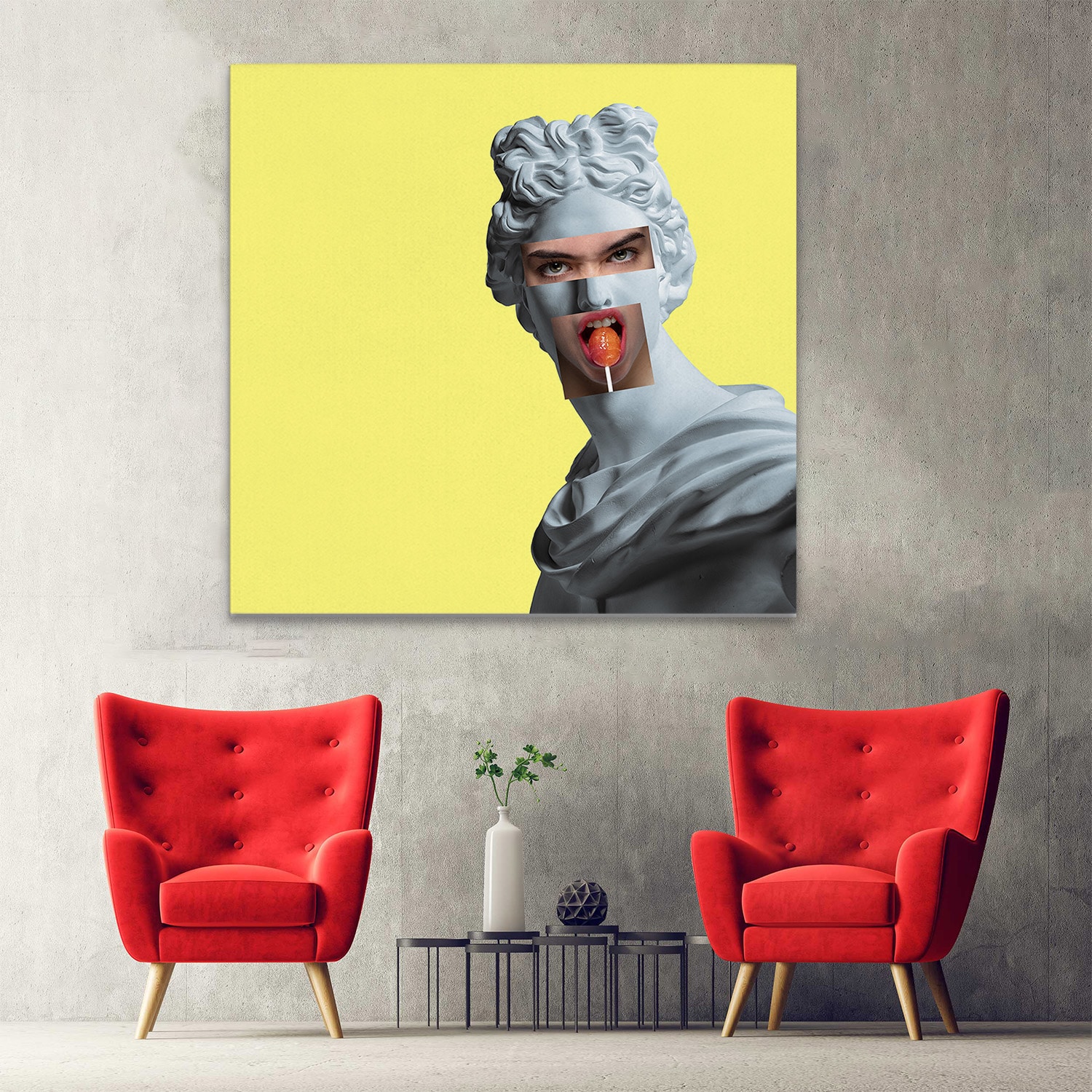 Tablou pop art colaj cap femeie in statuie, galben, gri 1401 - Material produs:: Poster pe hartie FARA RAMA, Dimensiunea:: 100x100 cm