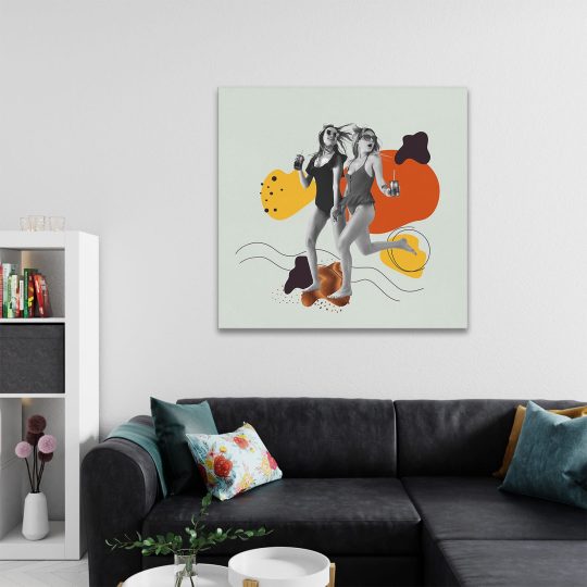 Tablou pop art colaj femei fundal forme abstracte portocaliu 1404 camera 2 - Afis Poster pop art colaj femei fundal forme abstracte portocaliu pentru living casa birou bucatarie livrare in 24 ore la cel mai bun pret.