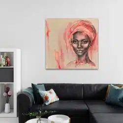 Tablou portret carbune acrilic femeie africana cu turban roz 1324 camera 2 - Afis Poster portret carbune acrilic femeie africana cu turban roz pentru living casa birou bucatarie livrare in 24 ore la cel mai bun pret.