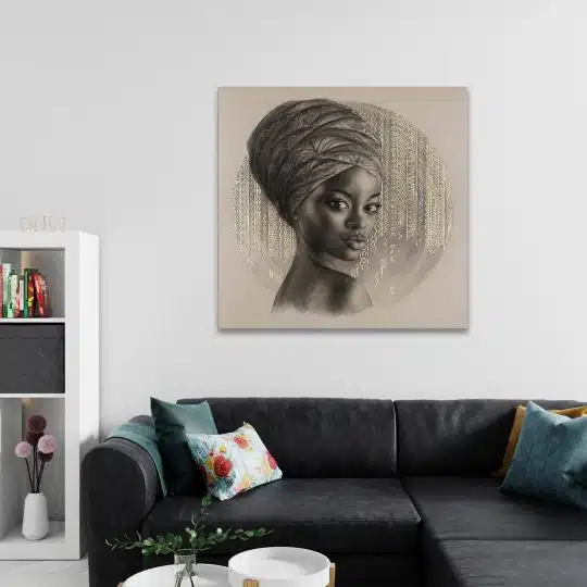 Tablou portret carbune femeie africana cu turban auriu 1318 camera 2 - Afis Poster portret carbune femeie africana cu turban auriu pentru living casa birou bucatarie livrare in 24 ore la cel mai bun pret.