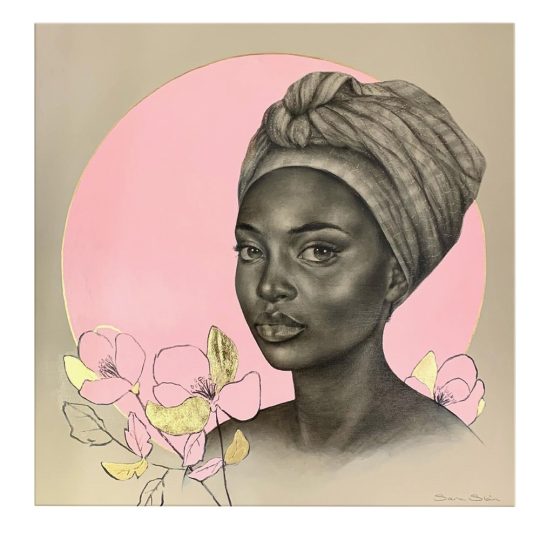 Tablou portret carbune femeie africana cu turban si flori roz 1323 frontal - Afis Poster portret carbune femeie africana cu turban si flori roz pentru living casa birou bucatarie livrare in 24 ore la cel mai bun pret.