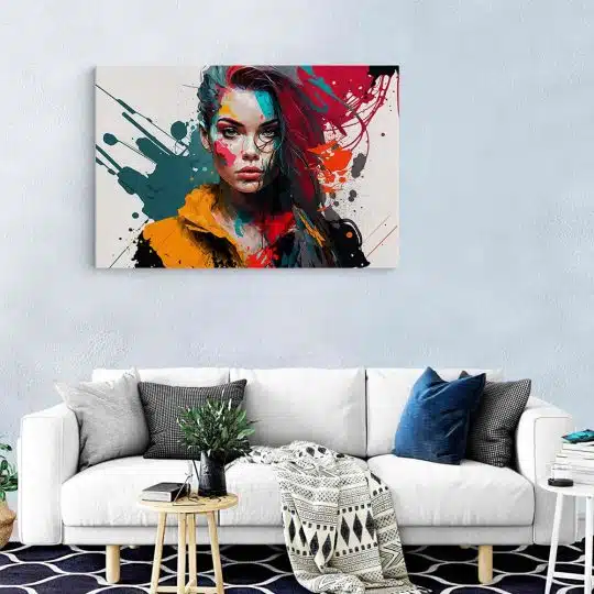 Tablou portret femeie pete de culoare multicolor 1460 living modern - Afis Poster tablou portret femeie pete de culoare pentru living casa birou bucatarie livrare in 24 ore la cel mai bun pret.