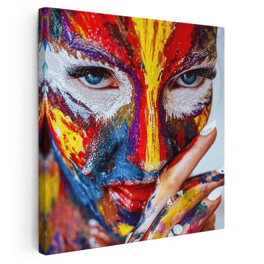 Tablou portret femeie pictata multicolor multicolor 1298 - Afis Poster portret femeie pictata pe fata multicolor pentru living casa birou bucatarie livrare in 24 ore la cel mai bun pret.