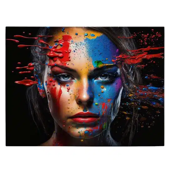 Tablou portret model cu vopsea aruncata pe fata multicolor 1243 front - Afis Poster portret femeie cu machiaj creativ multicolor multicolor pentru living casa birou bucatarie livrare in 24 ore la cel mai bun pret.