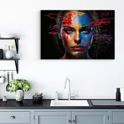 Tablou portret model cu vopsea aruncata pe fata multicolor 1243 bucatarie - Afis Poster portret femeie cu machiaj creativ multicolor multicolor pentru living casa birou bucatarie livrare in 24 ore la cel mai bun pret.