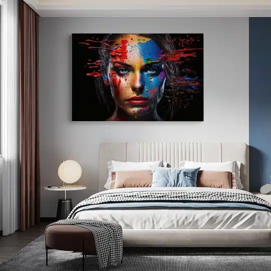 Tablou portret model cu vopsea aruncata pe fata multicolor 1243 dormitor - Afis Poster portret femeie cu machiaj creativ multicolor multicolor pentru living casa birou bucatarie livrare in 24 ore la cel mai bun pret.