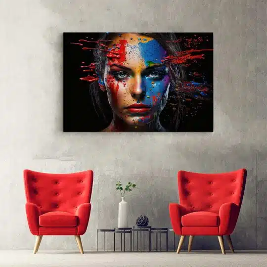 Tablou portret model cu vopsea aruncata pe fata multicolor 1243 hol - Afis Poster portret femeie cu machiaj creativ multicolor multicolor pentru living casa birou bucatarie livrare in 24 ore la cel mai bun pret.