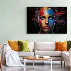 Tablou portret model cu vopsea aruncata pe fata multicolor 1243 living 1 - Afis Poster portret femeie cu machiaj creativ multicolor multicolor pentru living casa birou bucatarie livrare in 24 ore la cel mai bun pret.