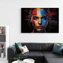 Tablou portret model cu vopsea aruncata pe fata multicolor 1243 living - Afis Poster portret femeie cu machiaj creativ multicolor multicolor pentru living casa birou bucatarie livrare in 24 ore la cel mai bun pret.