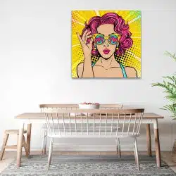 Tablou portret pop art femeie roscata cu ochelari roz galben 1247 bucatarie - Afis Poster portret pop art femeie roscata cu ochelari roz galben pentru living casa birou bucatarie livrare in 24 ore la cel mai bun pret.