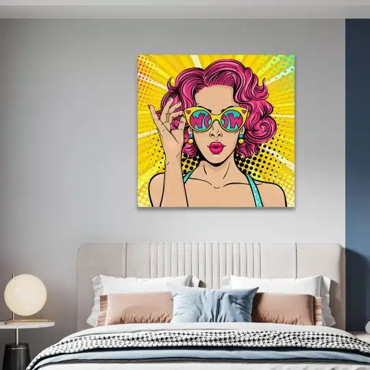 Tablou portret pop art femeie roscata cu ochelari roz galben 1247 camera 1 - Afis Poster portret pop art femeie roscata cu ochelari roz galben pentru living casa birou bucatarie livrare in 24 ore la cel mai bun pret.