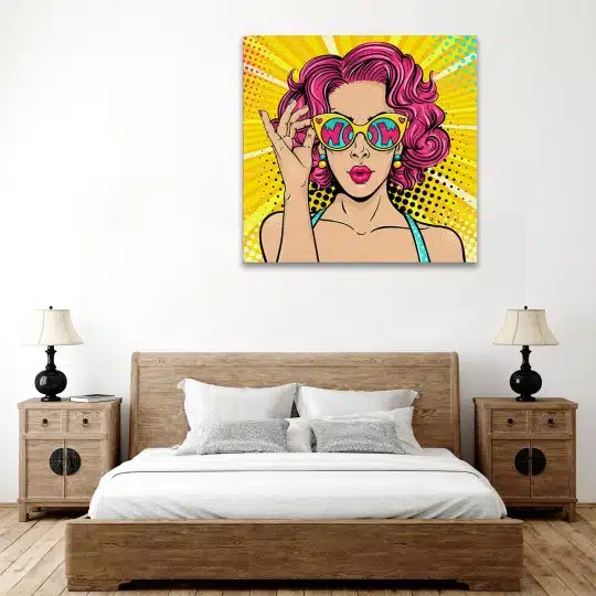 Tablou portret pop art femeie roscata cu ochelari roz galben 1247 dormitor - Afis Poster portret pop art femeie roscata cu ochelari roz galben pentru living casa birou bucatarie livrare in 24 ore la cel mai bun pret.