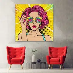 Tablou portret pop art femeie roscata cu ochelari roz galben 1247 hol - Afis Poster portret pop art femeie roscata cu ochelari roz galben pentru living casa birou bucatarie livrare in 24 ore la cel mai bun pret.