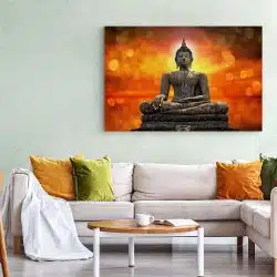 Tablou statuie Buddha pe fundal luminos portocaliu galben maro 1178 living 1 - Afis Poster statuie Buddha pe fundal luminos portocaliu galben maro pentru living casa birou bucatarie livrare in 24 ore la cel mai bun pret.