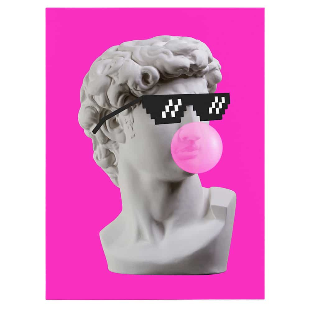 Tablou statuie cu ochelari pixelati si balon guma de mestecat - Material produs:: Poster pe hartie FARA RAMA, Dimensiunea:: 70x100 cm